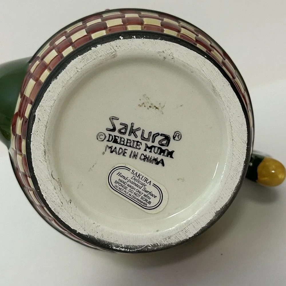 Debbie‎ Mumm Sakura Mini Teapot Christmas Holly Checkerboard Hand Painted
